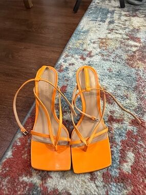 Bottega Veneta Bright Orange Strappy Square-Toe Heels